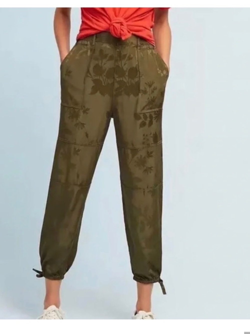 Anthropologie silky olive green jacquard utility cargo